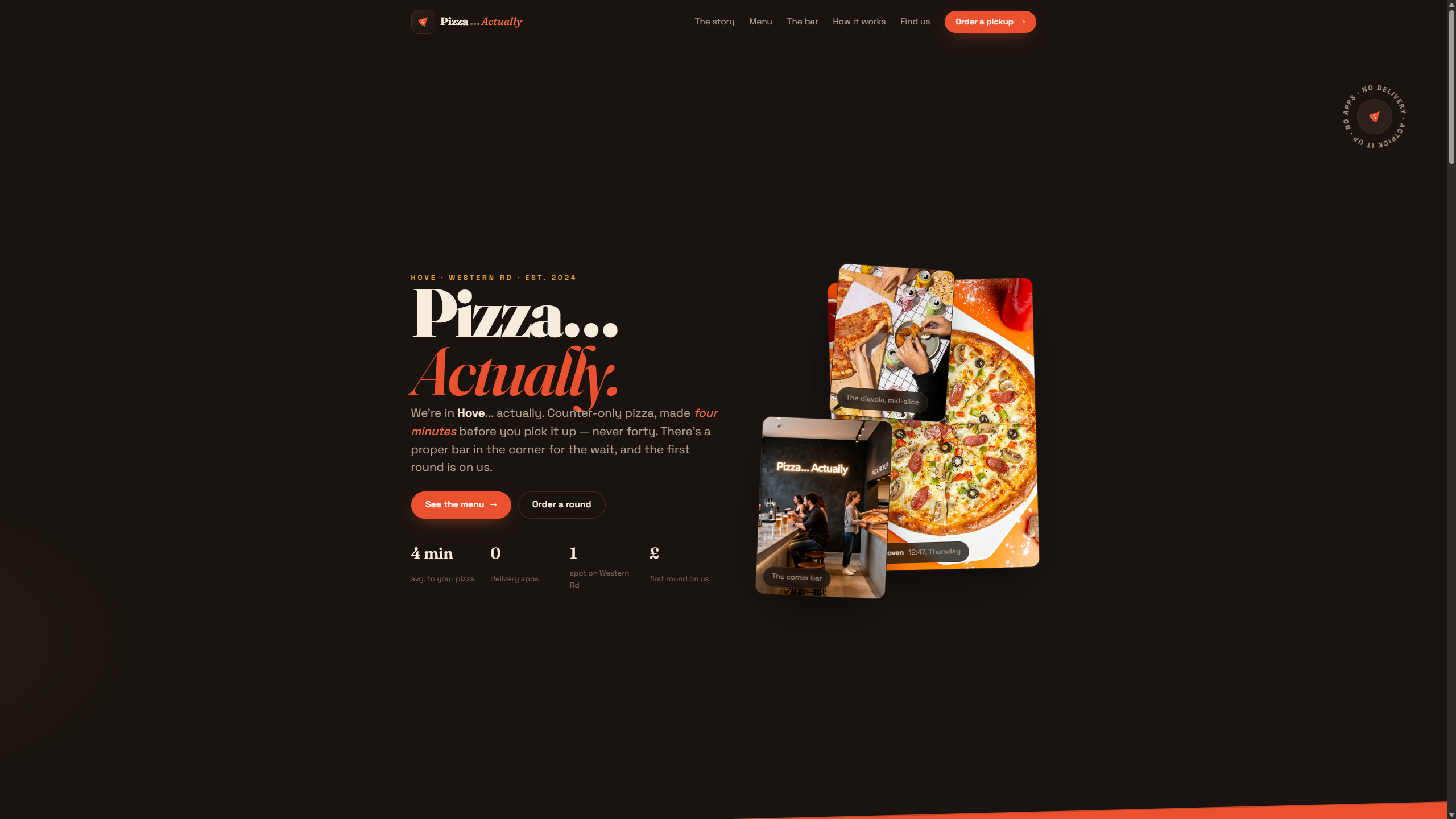 Pizza Actually restaurant website hero